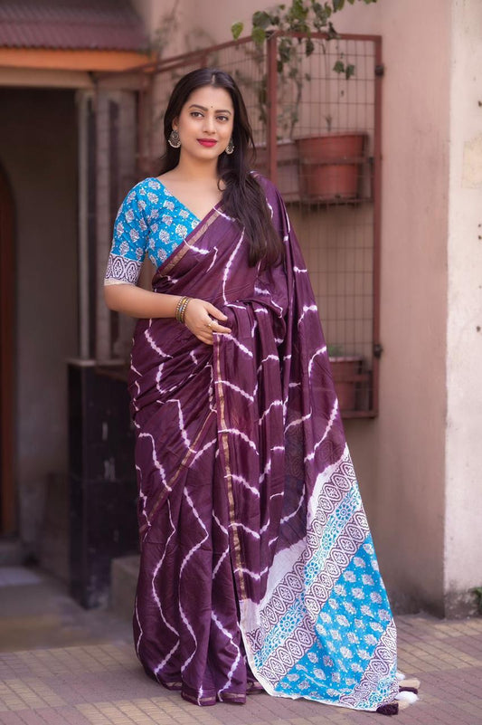 Soft Pure Chanderi Cotton Leheriya Tie-Dye Saree with Ajrakh Pallu & Cotton Tassels – 5.5 Meters