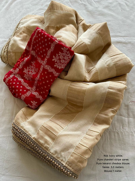 Pure Viscose Chanderi Saree with Vertical Zari Sequin Stripes, Moti Lace & Red Chexbox Zari Blouse