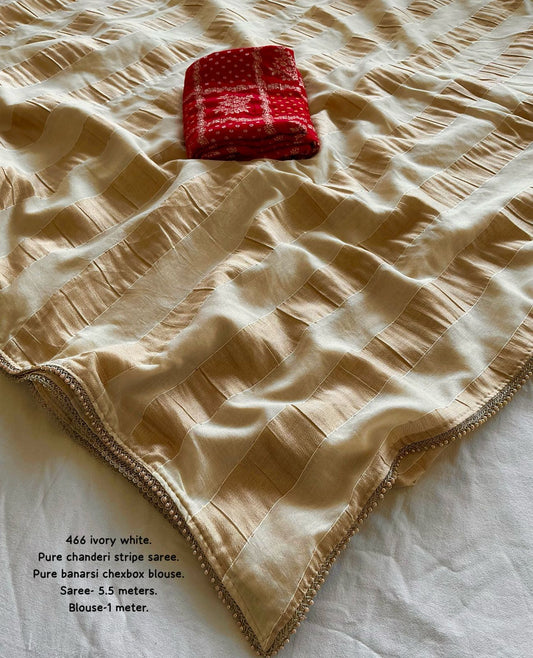 Pure Viscose Chanderi Saree with Vertical Zari Sequin Stripes, Moti Lace & Red Chexbox Zari Blouse