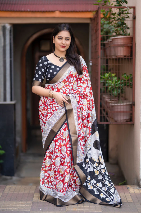 Soft Cotton Crêpe Kalamkari Print Saree with Zari Woven Pattu Border & Matching Blouse | Swaraas.in