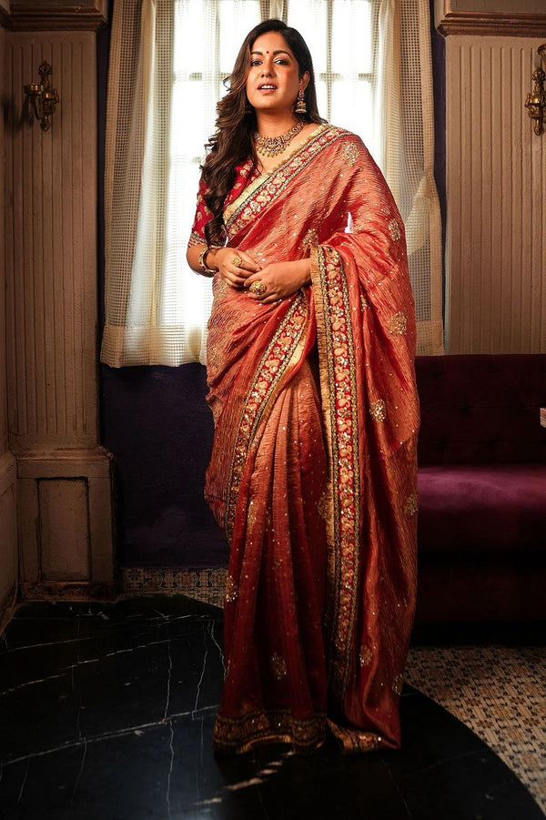 Banarasi Crush Saree with Hari Thread Embroidery Butta, Sequin Detailing & Zari Dori Lace Border