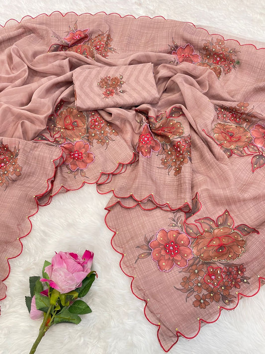 Rukshana Sarees – Pure Soft Tabby Organza Saree with Digital Print & Khatli Embroidery | Designer Blouse Included