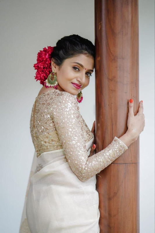 Premium Linen Zari Jacquard Saree with Heavy Embroidered Blouse & Cotton Tassel Pallu | Swaraas.in