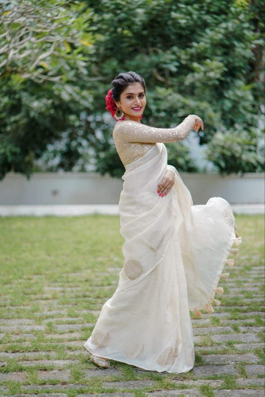 Premium Linen Zari Jacquard Saree with Heavy Embroidered Blouse & Cotton Tassel Pallu | Swaraas.in