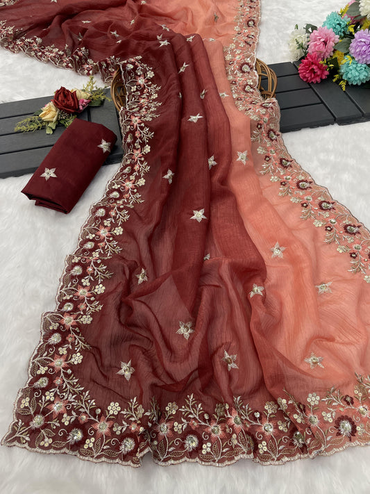Pinklady Sarees – Pure Soft Crunchy Crush Saree with Multithread Embroidery & Sequin Work | Designer Embroidered Blouse