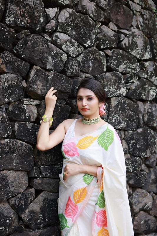 Soft Silk Multicolor Leaf Woven Saree with Zari Pallu & Fancy Tassels | Running Woven Blouse | Swaraas.in