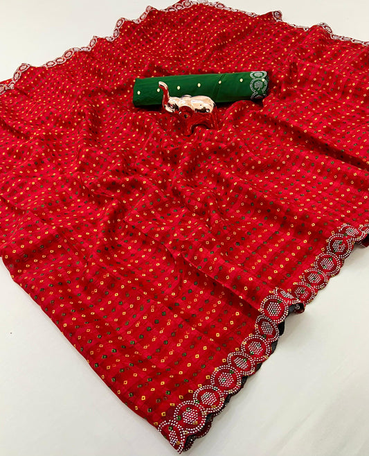 Shubhkala Malburry Chiffon Bandhani Printed Saree with Swarovski Border & Fancy Jacquard Blouse