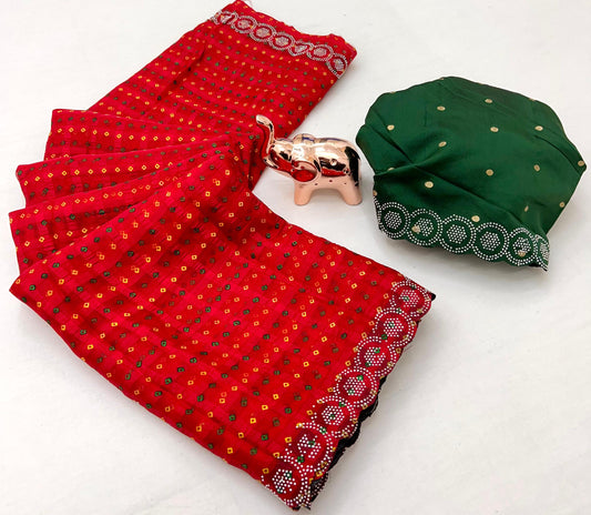 Shubhkala Malburry Chiffon Bandhani Printed Saree with Swarovski Border & Fancy Jacquard Blouse