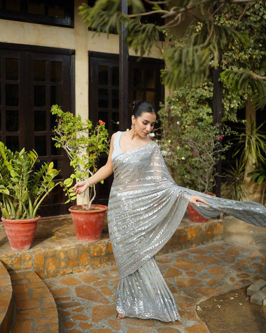 Premium Georgette Sequin Embroidered Saree with Lace Border | Banglory Blouse | Padma Sarees Collection
