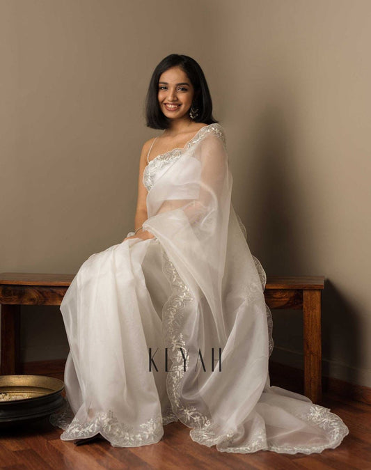 Lalita Tabby Organza Saree with Sequin Embroidery & Arco Cut Border – Satin Banglory Blouse