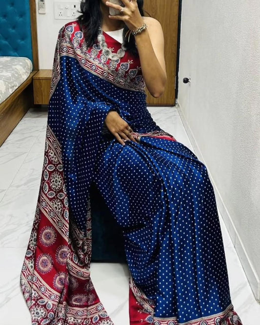 Pure Crape Satin Saree with Ajrakh Print, Rich Pallu & Heavy Tassels | Elegant Satin Butti Saree