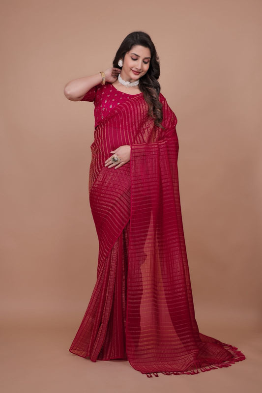 Zebra Leheriya Soft Georgette Saree with Zari Woven Stripes & Banarasi Silk Tie-Dye Blouse | AK-453