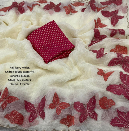 Butterfly Crush Soft Ivory White Chiffon Saree with Zari Embroidery & Banarasi Silk Blouse – AK 481