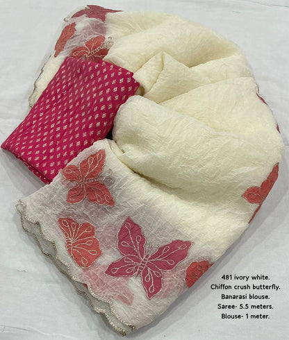 Butterfly Crush Soft Ivory White Chiffon Saree with Zari Embroidery & Banarasi Silk Blouse – AK 481