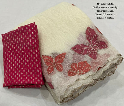 Butterfly Crush Soft Ivory White Chiffon Saree with Zari Embroidery & Banarasi Silk Blouse – AK 481