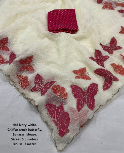 Butterfly Crush Soft Ivory White Chiffon Saree with Zari Embroidery & Banarasi Silk Blouse – AK 481