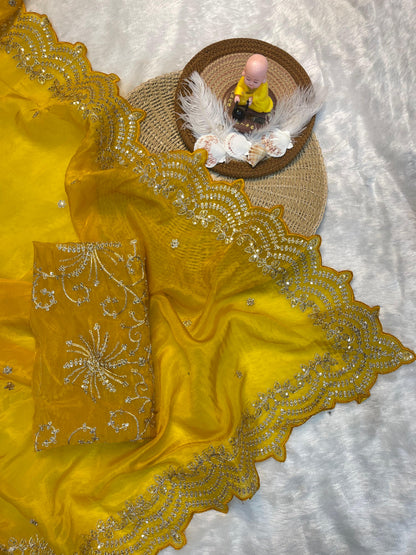 Alexa Gold Crush Silk Saree with Multi-Thread Embroidery & Arco Border – 5.5 Meters with Sequin Blouse