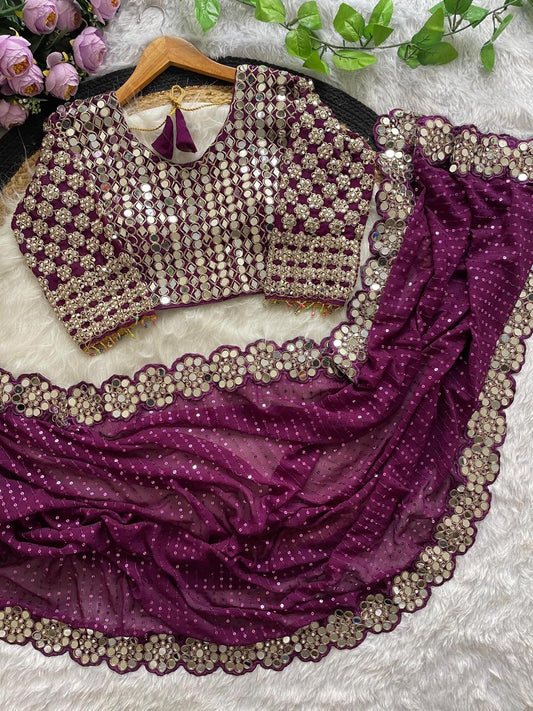 Mital Soft Georgette Saree with 5500+ Real Mirror Embroidery & Coding Work – 5.6 Meters with Unstitched Blouse