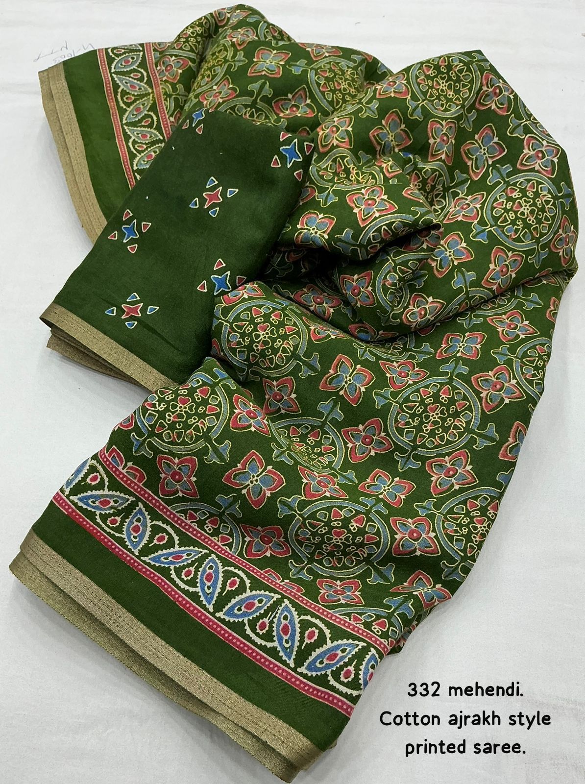 Ajrakh Print Soft Cotton-Feel Saree with blouse – 6.3 Meters