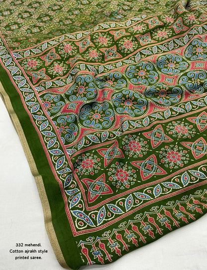 Ajrakh Print Soft Cotton-Feel Saree with blouse – 6.3 Meters