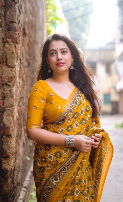 Ajrakh Print Soft Cotton-Feel Saree with blouse – 6.3 Meters