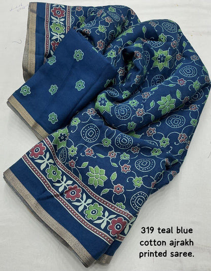 Ajrakh Print Soft Cotton-Feel Saree with blouse – 6.3 Meters