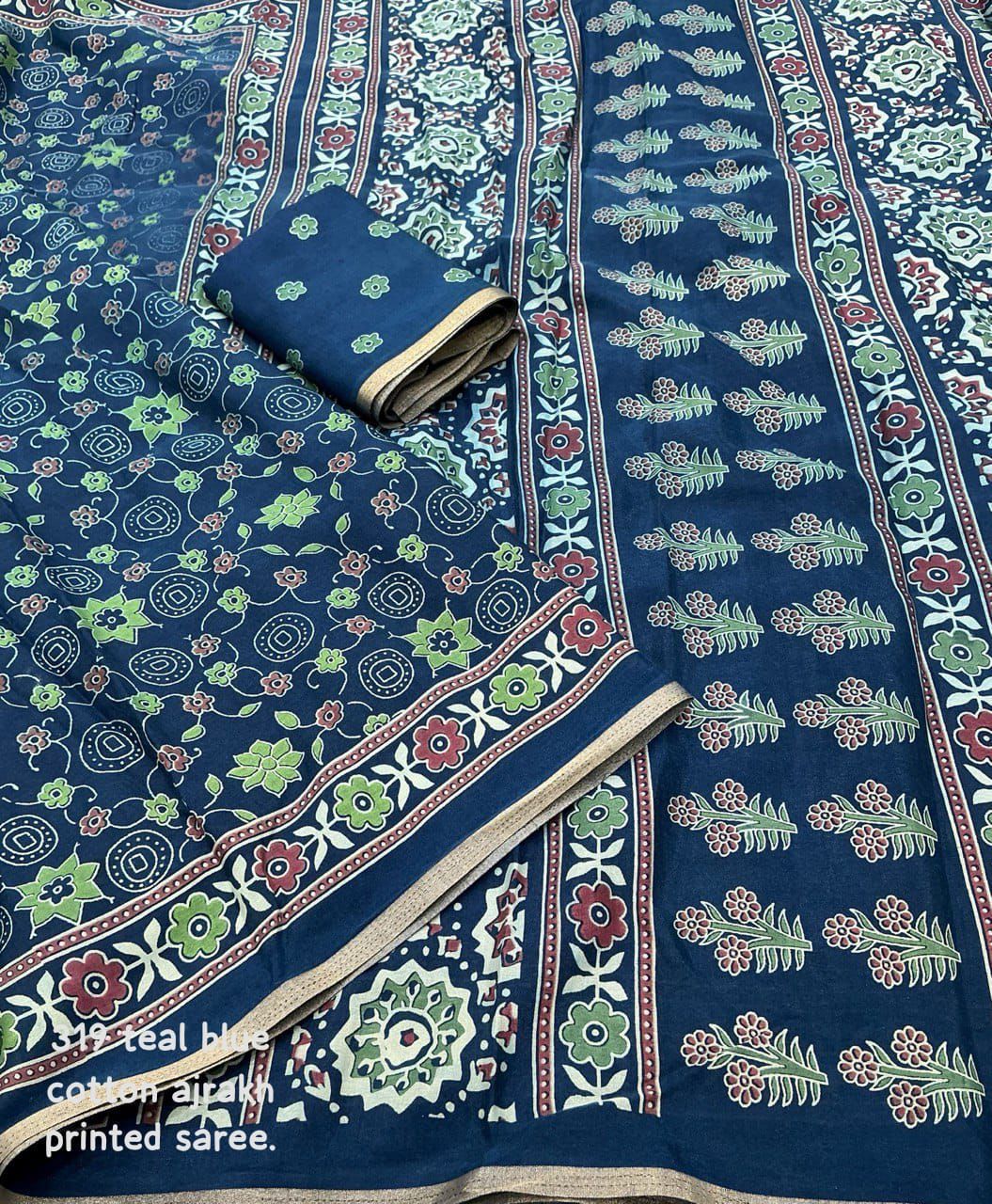 Ajrakh Print Soft Cotton-Feel Saree with blouse – 6.3 Meters