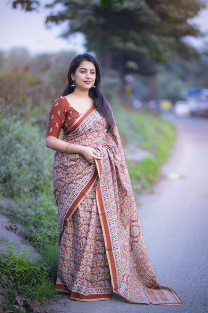 Ajrakh Print Soft Cotton-Feel Saree with blouse – 6.3 Meters