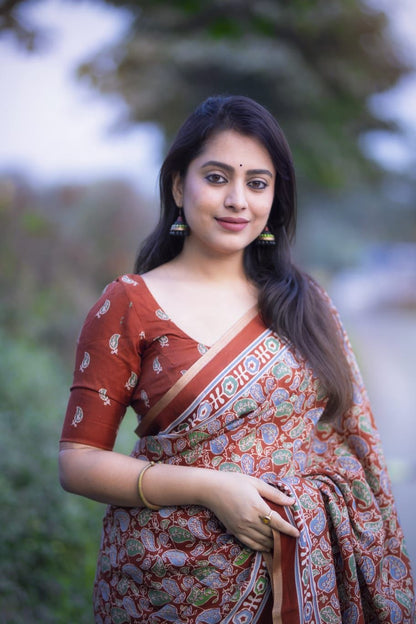 Ajrakh Print Soft Cotton-Feel Saree with blouse – 6.3 Meters