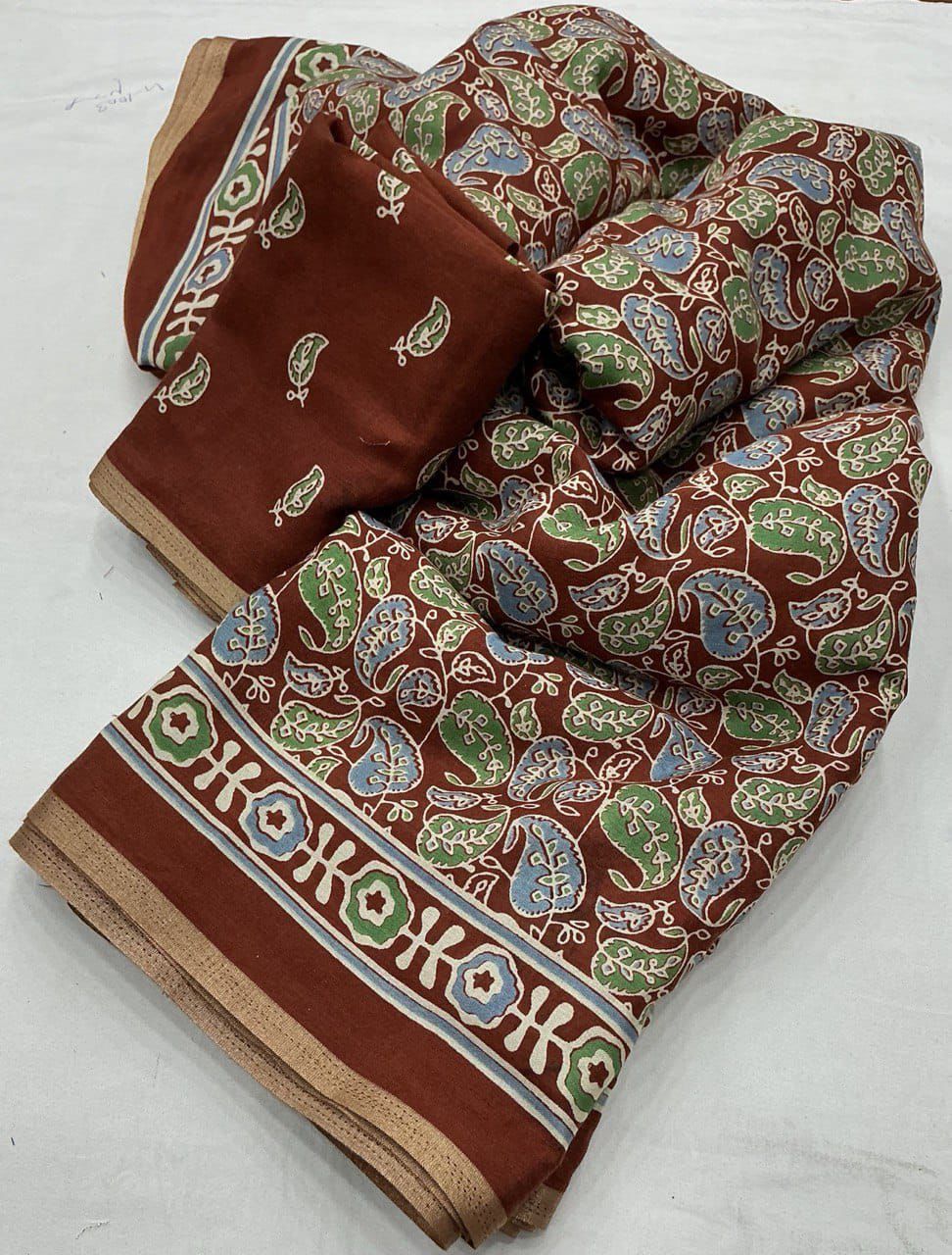 Ajrakh Print Soft Cotton-Feel Saree with blouse – 6.3 Meters