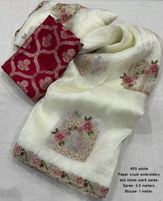 Soft White Paper Crush Saree with Window Embroidery Buttas, Cutwork Border & Zari Tissue Blouse