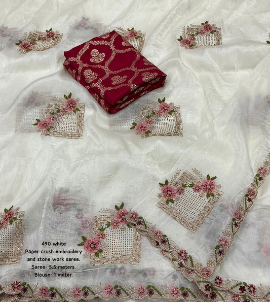 Soft White Paper Crush Saree with Window Embroidery Buttas, Cutwork Border & Zari Tissue Blouse