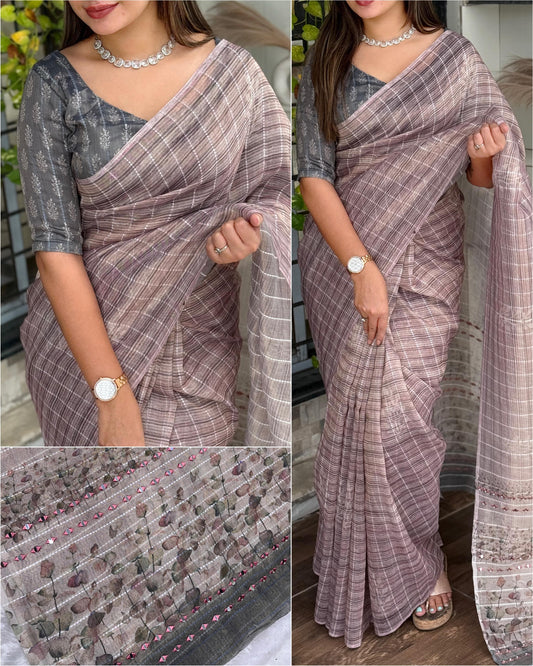 Aarohi Taspa Tissue Silk Saree with Digital Print, Hand Mirror Kali Mundi Work & Jacquard Thread Lining | 5.5m + 1m Blouse