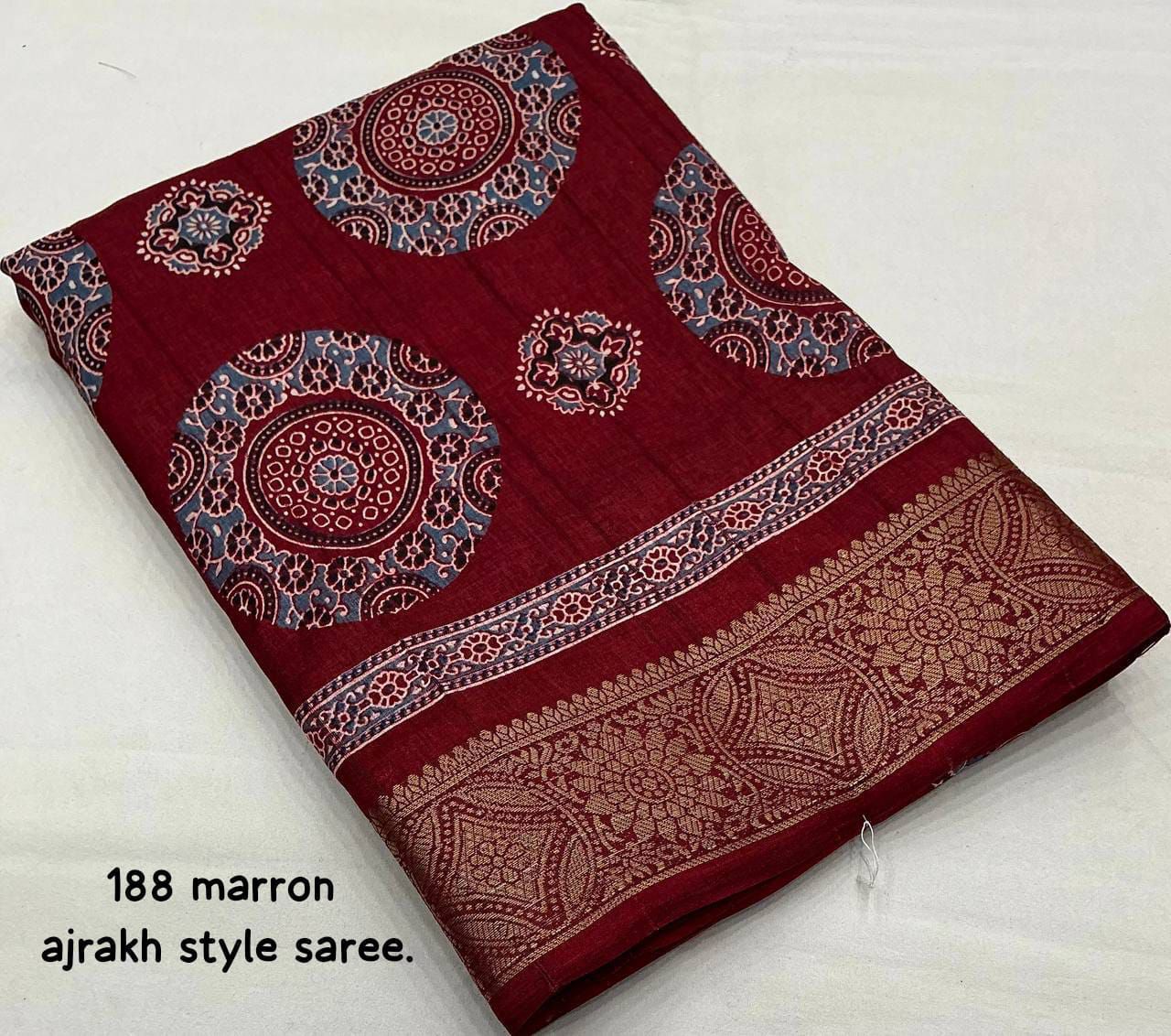 AK – Handloom Ajrakh Slub Silk Saree with Zari Pattu Border & Printed Silk Blouse