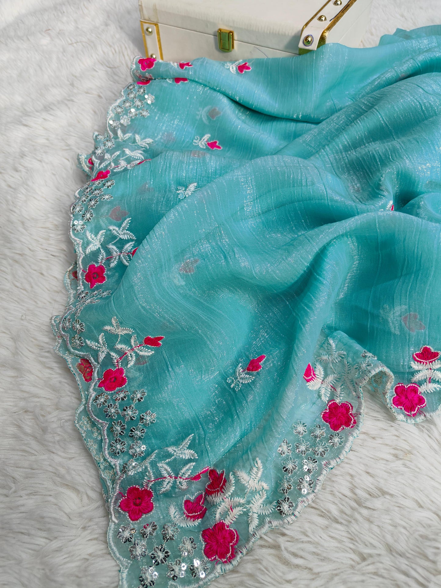 Sarita Sarees – Pure Crunchy Silk Saree with Multithread Embroidery & Arc Cut Border | Embroidered Banglory Silk Blouse
