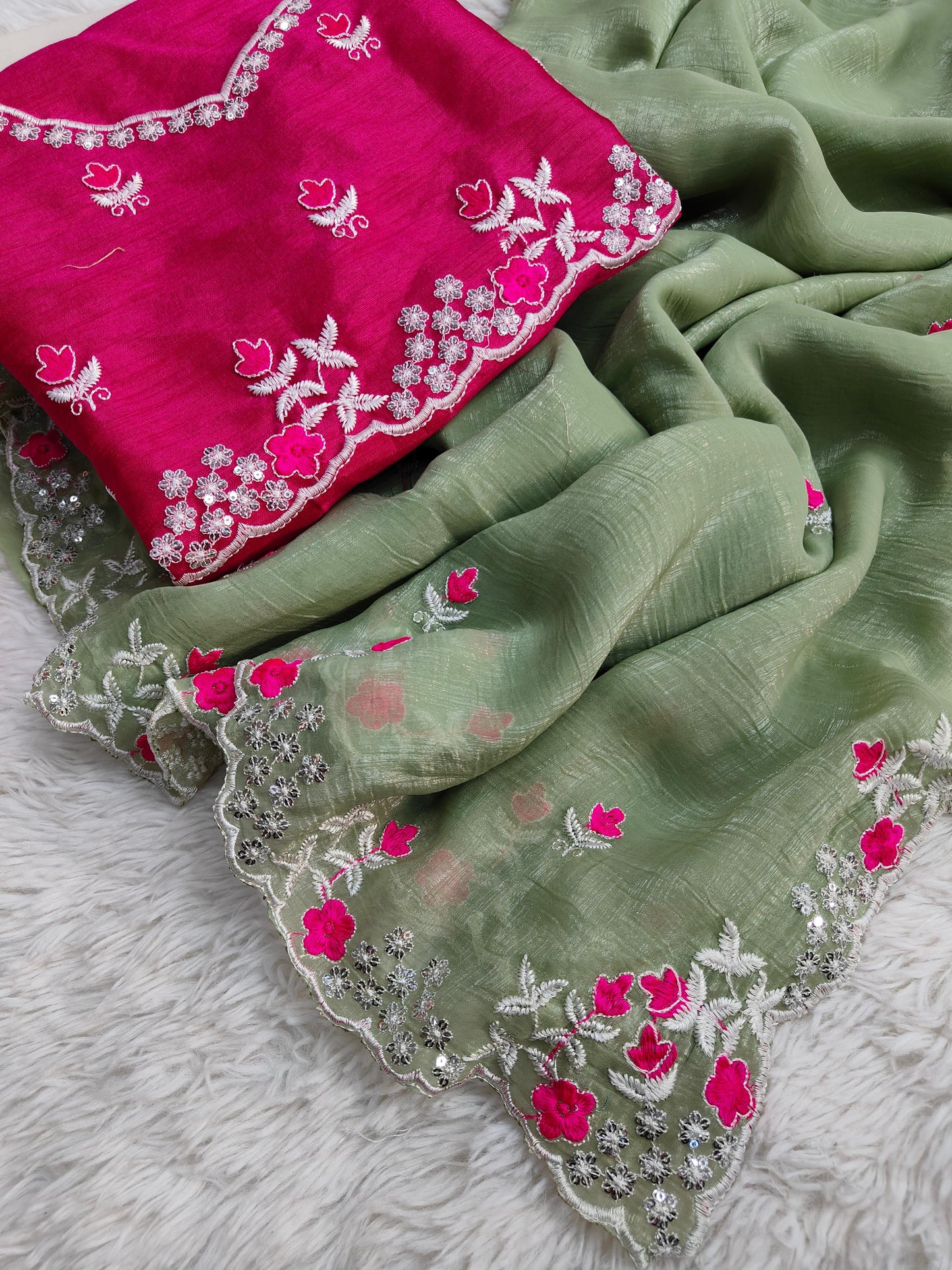 Sarita Sarees – Pure Crunchy Silk Saree with Multithread Embroidery & Arc Cut Border | Embroidered Banglory Silk Blouse