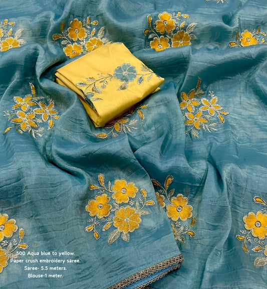 Paper Crush Embroidered Saree with Patched Lace Border & Contrast Phantom Silk Blouse – 6.30 Meters