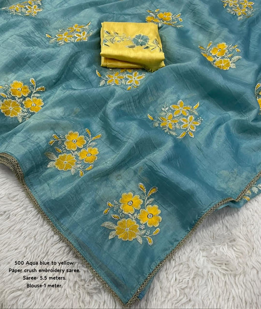 Paper Crush Embroidered Saree with Patched Lace Border & Contrast Phantom Silk Blouse – 6.30 Meters