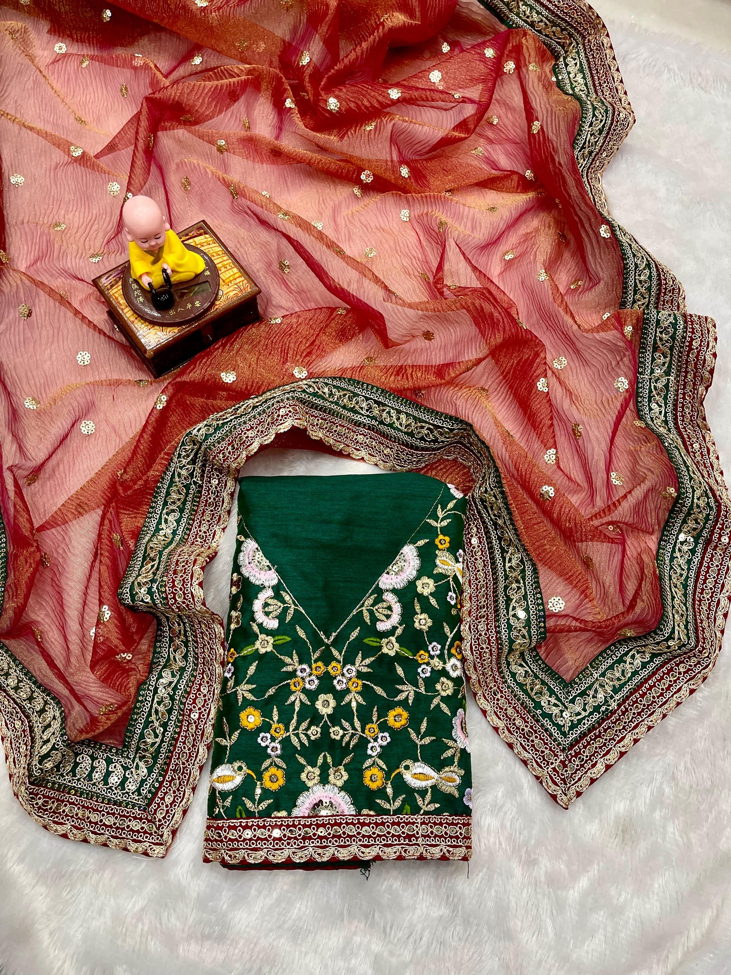 Premium Banarasi Crush Saree with Multithread Sequin Embroidery & Lace Border | Designer Partywear with Embroidered Satin Blouse