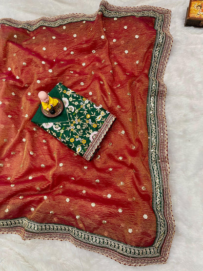 Premium Banarasi Crush Saree with Multithread Sequin Embroidery & Lace Border | Designer Partywear with Embroidered Satin Blouse