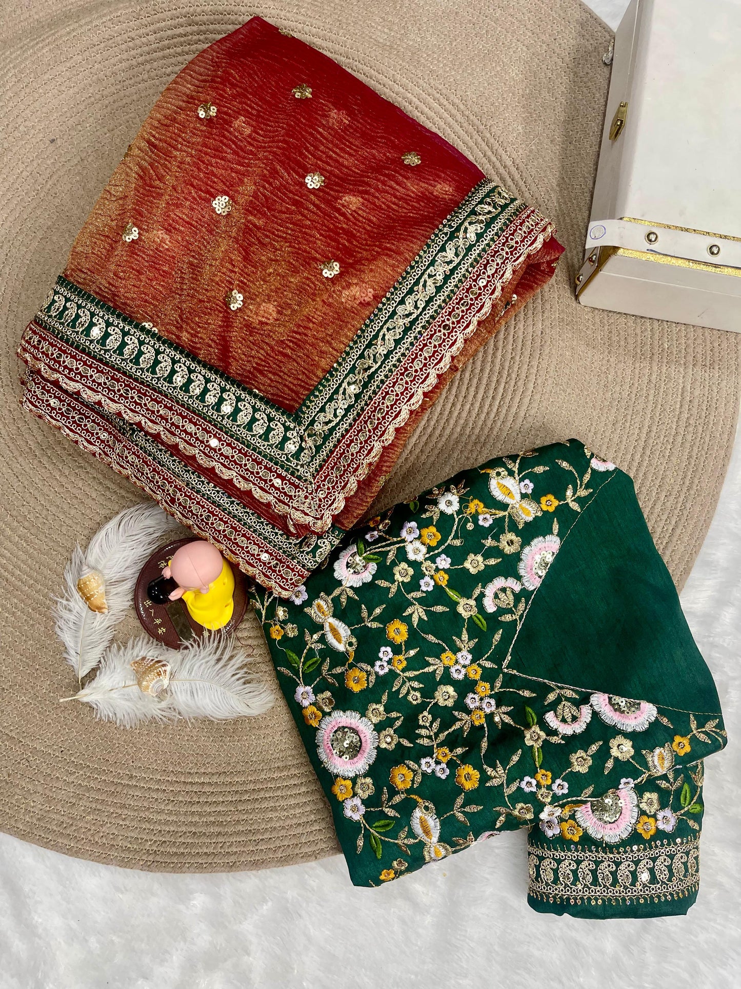 Premium Banarasi Crush Saree with Multithread Sequin Embroidery & Lace Border | Designer Partywear with Embroidered Satin Blouse