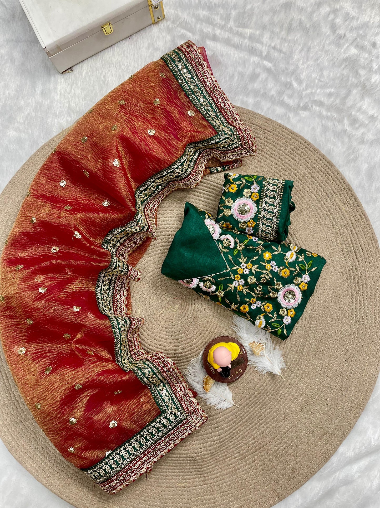 Premium Banarasi Crush Saree with Multithread Sequin Embroidery & Lace Border | Designer Partywear with Embroidered Satin Blouse