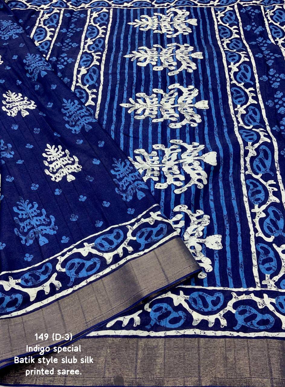 Soft Silk Slub Saree with Batik Print Design | Ethnic Printed Saree with Matching Blouse – 6.3 Meters