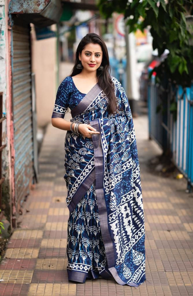 Soft Silk Slub Saree with Batik Print Design | Ethnic Printed Saree with Matching Blouse – 6.3 Meters