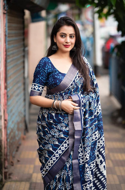 Soft Silk Slub Saree with Batik Print Design | Ethnic Printed Saree with Matching Blouse – 6.3 Meters