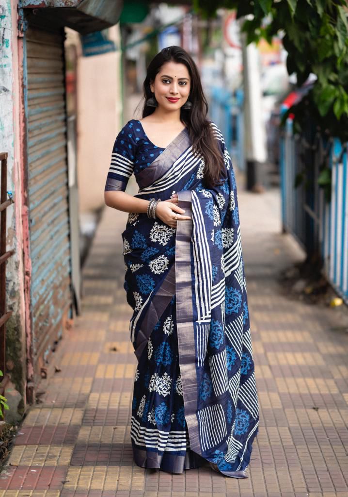 Soft Silk Slub Saree with Batik Print Design | Ethnic Printed Saree with Matching Blouse – 6.3 Meters