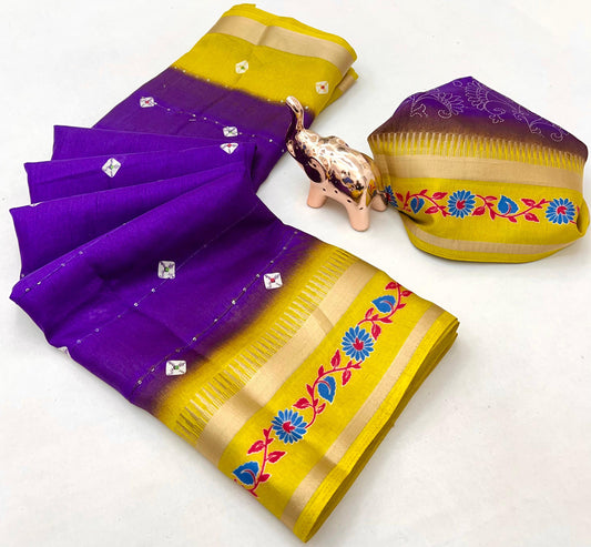 SUVIDHA Fancy Soft Cotton Blend Saree with Batik Print, Multi-Sequins Work & Kalamkari Pallu – With Printed Blouse (Ready Stock)