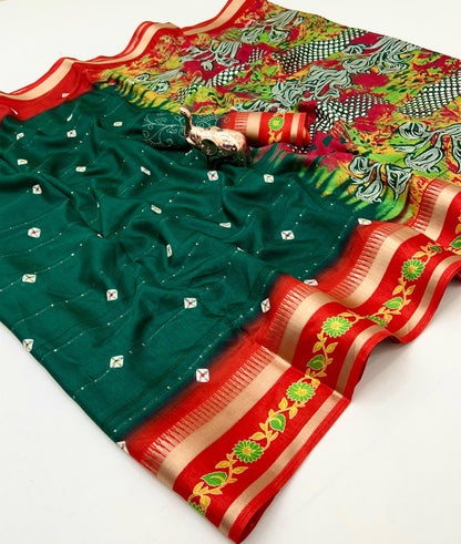 SUVIDHA Fancy Soft Cotton Blend Saree with Batik Print, Multi-Sequins Work & Kalamkari Pallu – With Printed Blouse (Ready Stock)