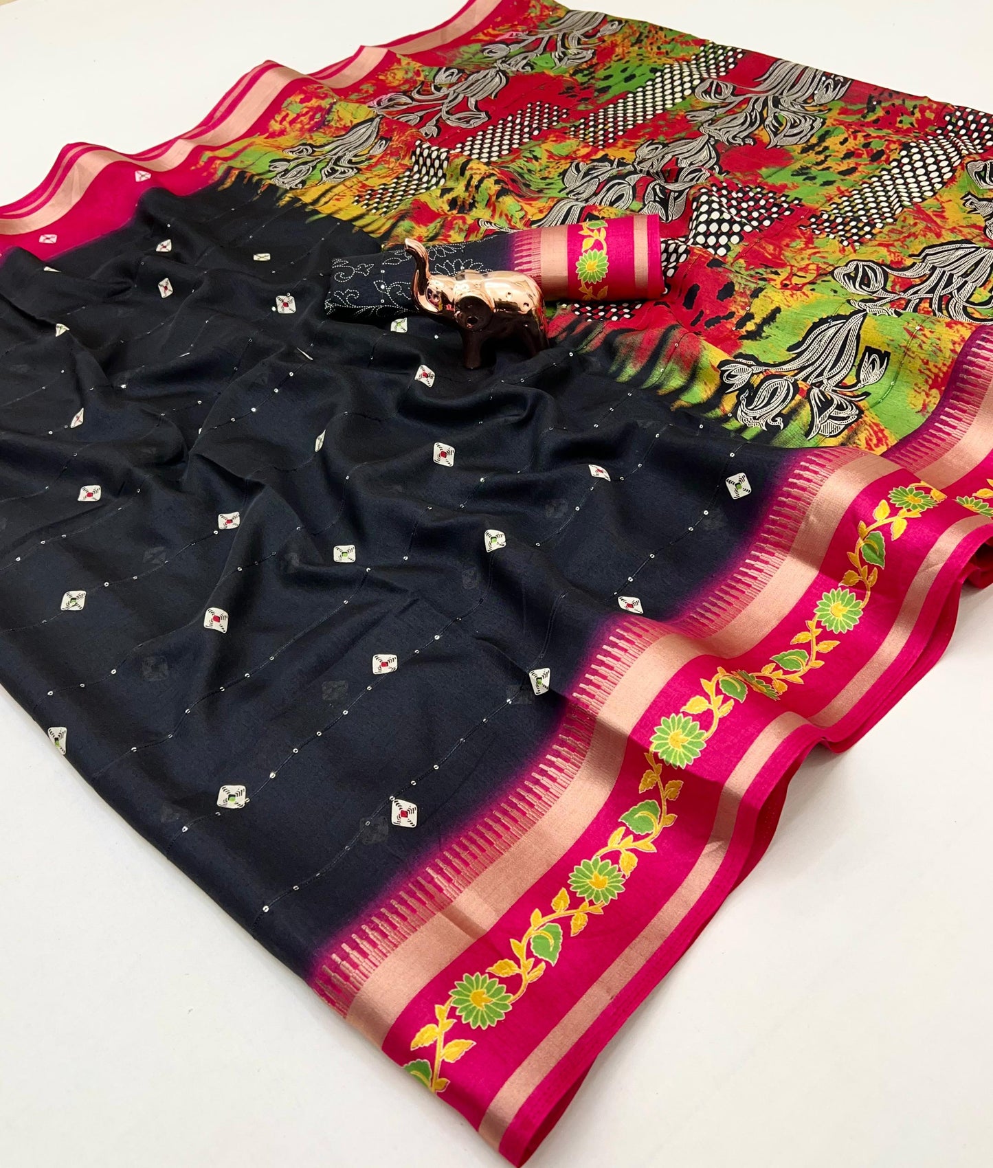 SUVIDHA Fancy Soft Cotton Blend Saree with Batik Print, Multi-Sequins Work & Kalamkari Pallu – With Printed Blouse (Ready Stock)