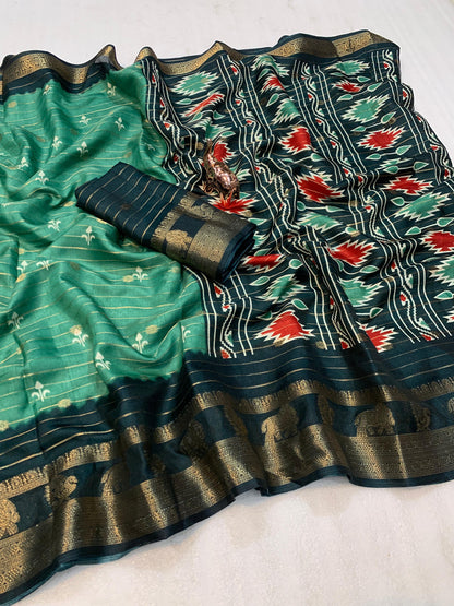 Ikkat Printed Heavy Cotton Silk Saree with Woven Border & Butti Print Blouse – 6.3m Traditional Drape